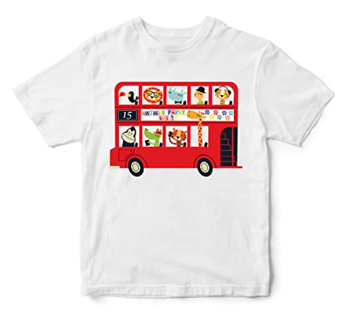 Image of Boys & Girls Cute Animals on The Red Double Decker London Bus Transport Theme 100% Cotton Unisex Kids T-Shirt