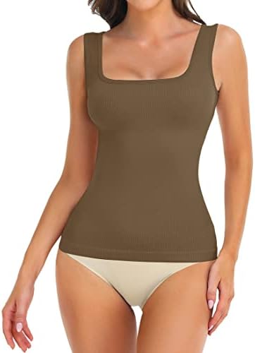 TDIFFUN Women’s Shapewear Tank Tops Tummy Control Seamless Ribbed Square Neck Compression Body Shaper Top