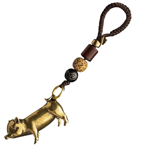 ROBAUN-Keychain Messing-Schwein-Schlüsselanhänger mit Schlüsselband, chinesisches Sternzeichen-Schwein-Schlüsselanhänger, Damen-Herren-3D-Tier-Schlüsselanhänger, Zuhause, Autoschlüsselhalter