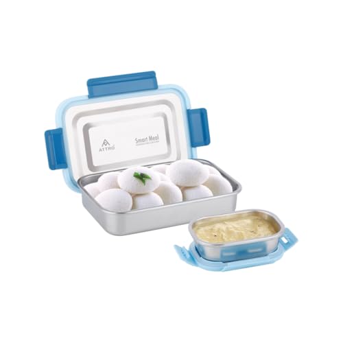Image of ATTRO Smart Meal Medium Stainless Steel Lunch Box with 1 Small Container Airtight Spill-Proof BPA Free Food Grade Ideal for Office, School, Picnic- Blue-800ml+170ml