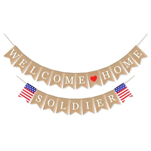 Mandala Crafts Burlap Welcome Home Soldier Banner - Army and Military Welcome Home Decorations for Deployment Marine or Army Return Ceremony