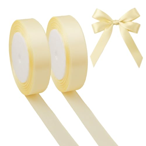 JEKUGOT 2 Rolls Beige Yellow Ribbon 20mm x 22m Satin Ribbons Fabric Beige Present Ribbon for Gift Wrapping DIY Crafts Wedding Party Cake Florist Car Decoration