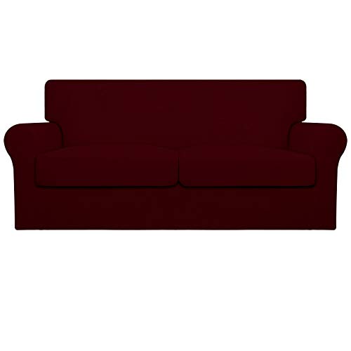 Image of Easy-Going Oversized 3 Pieces Stretch Fleece Soft Loveseat Couch Cover for Pets - Washable Sofa Slipcover for 2 Separate Cushion Couch - Elastic Furniture Protector for Dogs, Kids Wine