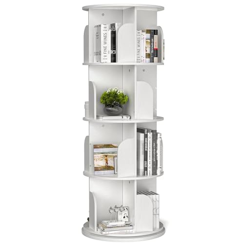 LAZEYARD Rotating Bookshelf, Small Bookshelf for Small Space, 360 Display 4 Tier Floor Standing Bookcase Storage Rack, Wood Narrow Book Shelf Organizer for Bedroom, Living Room (White)