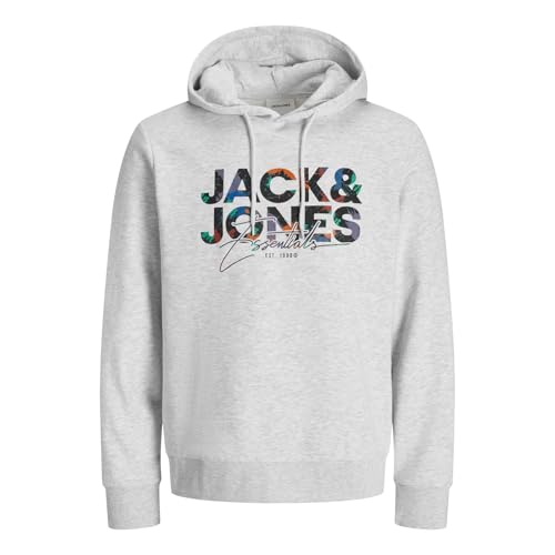 JACK & JONES Herren Hoodie Kapuzenpullover Geplas Sweat Hood, Farbe:Hellgrau, Artikel:-White Melange, Größe:S 1