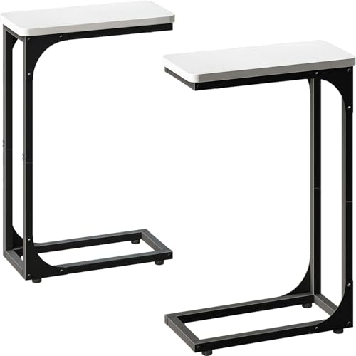 YOOHII Juego de 2 mesas auxiliares estrechas en forma de C, mesas auxiliares delgadas para sofá, juegos de sala de estar, color blanco y negro (YH017-18WB)