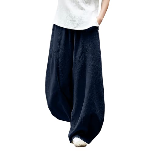 Pantalones de mujer de lino cómodos con curvas pantalones casuales pantalones de lino para mujer de pierna ancha elásticos pantalones mujer verano ligeros pantalones mujer con cordón pantalones lino