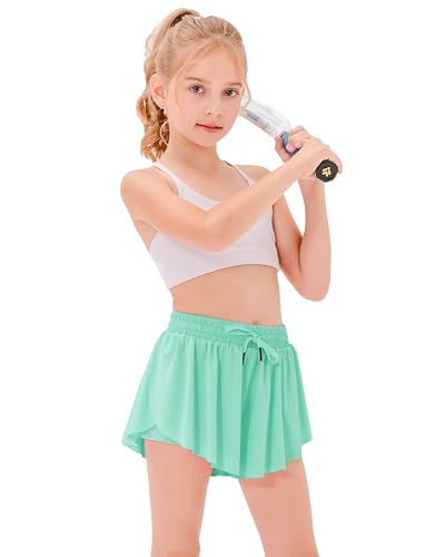 Stelle Girls Flowy Shorts with Pockets Athletic Running Skirt High Waist Butterfly 2 in 1 Sports Short 5-16 Years(Mint Green,S)