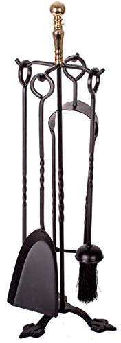 5 Piece Traditional Fireplace Companion Set Tong Shovel Brush Poker Wood Burner Coal Stove Hearth Cast Iron Tools (Regency Black & Brass)