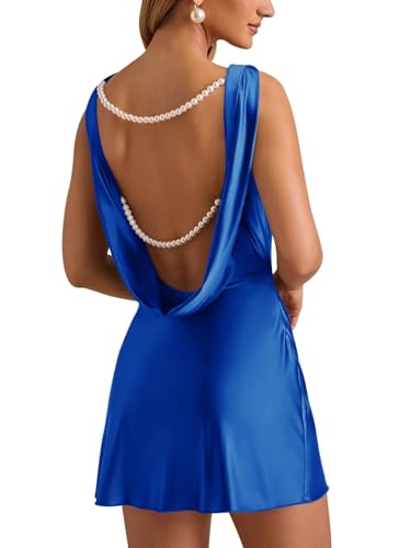Smileven Satin Mini Homecoming Dresses 2025 Sleeveless Pearl Short Elegant Evening Gowns Open Back Boat Neck Cocktail HOCO Dress for Teens Royal Blue US8