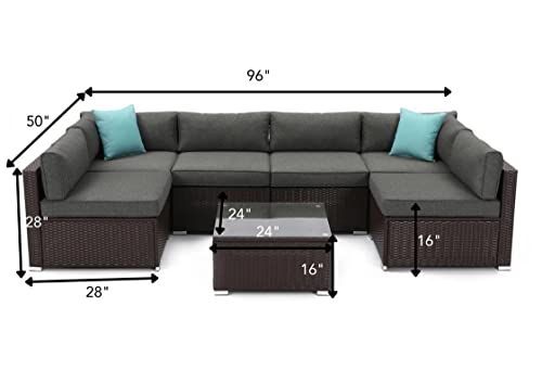 Image of DEVOKO Outdoor Conversation Wicker Patio Sofa Set Sectional Furniture with Coffee Table and Cushion for Lawn, Backyard, Poolside (Dark Brown and Grey)
