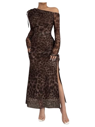 Milumia Women's Leopard Asymmetric Neck Mesh Dress Drawstring Slit Thigh Long Dresses Coffee Large