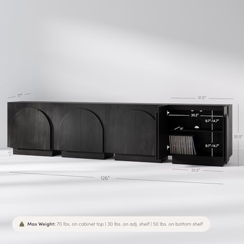 Image of Nathan James Iris Mid-Century Modern Buffet Sideboard Credenza TV Stand, Wood Storage Cabinet with Arched Doors for Kitchen or Living Room, Black Oak, Set of 4