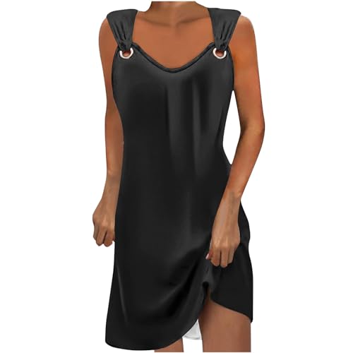 Vestido corto estampado para mujer, elegante vestido con anillo metálico, casual, sin mangas, cuello redondo, A01 # Negro, L