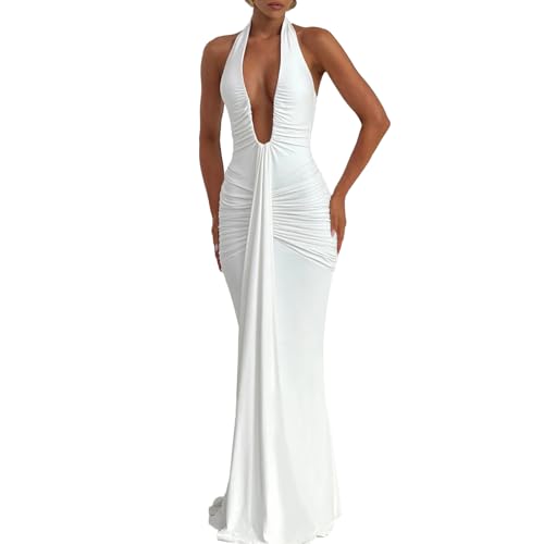ABYOVRT Women Deep V Neck Ruched Maxi Dress Sleeveless Halter