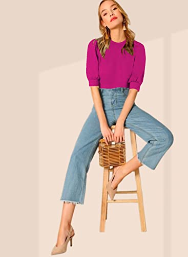 Image of Dream Beauty Fashion Women's Puff Sleeve Round High Neck Top Balloon Bishop Sleeve Elegant Casual Tee (23 inch Inches)- (Top Sofia P)