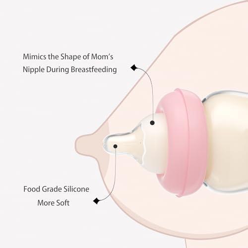 YOHKOH Natural Glass Baby Bottle with Level 2 Medium Flow Nipple, Newborn Anti-Colic Baby Bottles, Wide Neck Mushroom Baby Glass Bottle (8.8oz (Pack of 4), Multicolour)