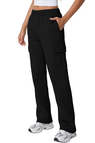 Image of QINSEN Baggy Medium Waist Elastic Sweatpants for Womens Casual Long Fleece Cargo Pants with Pockets