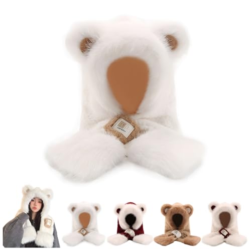 Plush Bear Ear Hooded Scarf for Women Cute Winter Fleece Hood Scarf Soft Warm Teddy Ear Wrap for Cold Weather (US Numeric 6 3/8 White)