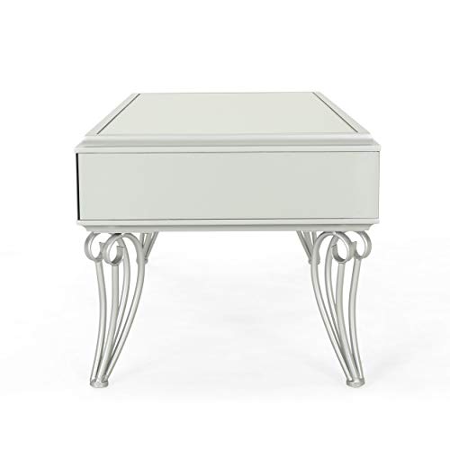 Ophelia Modern Mirrored Coffee Table With Drawer, Tempered Glass, Silver Iron Frame #TOP6