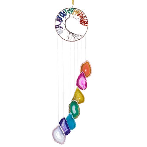 mookaitedecor 7 Chakra Crystal Tree of Life Agate Slices Wind Chimes, Healing Stone Windchime Hanging Ornaments for Indoor Outdoor Decoration 28-30 Inch