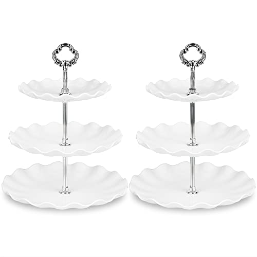 NWK Pack of 2 Large Stable 3-Tier Cupcake Stand 30cm Height Plastic Cake Stand Food Round Display for Wedding Birthday Graduation Afternoon Tea Party (Silver Large)