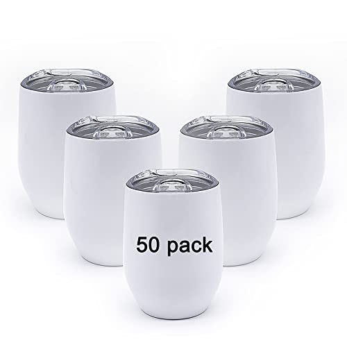 12 oz Stainless Steel Wine Tumbler Glass Bulk with Lid and Straw, Double Wall Vacuum Insulated Travel Tumbler Cup Stemless for Hot and Cold Drinks Coffee, Wine, Cocktails,Drink (50 Pack)