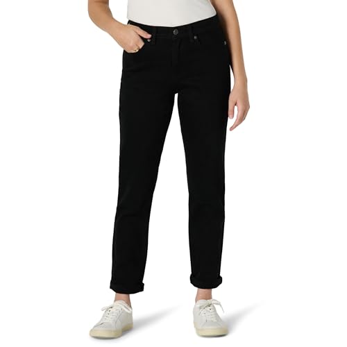 Amazon Essentials Damen Geringfügig Elastische Boyfriend-Crop-Jeans Mittelhoher Bund, Schwarz, 42
