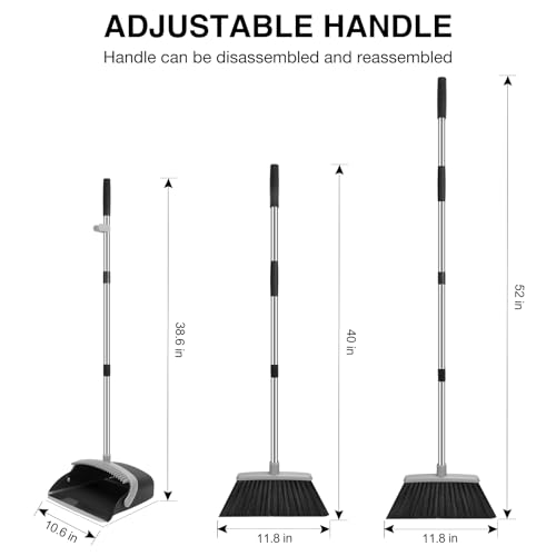 Image of NACENA Broom and Dustpan Set with 52-in Long Adjustable Handle, Black Grey