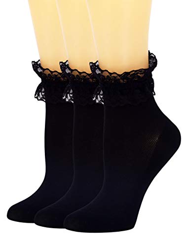 SEMOHOLLI Women Lace Ankle Socks Ruffle Frilly Cotton Socks Trim Lace,Anklet socks Dress Socks Women or Girls (3 Pairs-black)