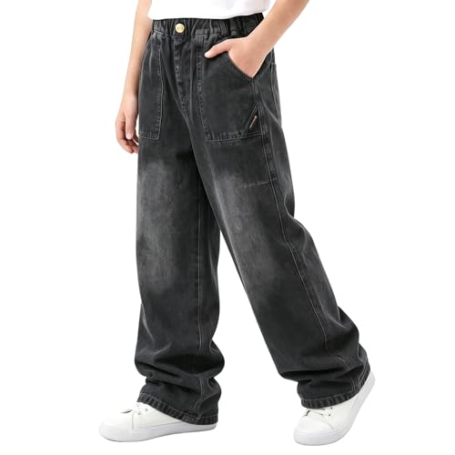 Image of Tokeya Boys Baggy Jeans Elasticated Waist Kids Wide Leg Long Trousers with Multi Pockets Casual Straight Loose Fit Jeans Vintage Outdoor Streetwear Denim Pants for Teenager 12-13 Years, Dark Blue