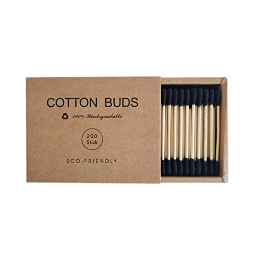 tinysiry 200 cotons-tiges à double tête, cotons-tiges pour le maquillage, boîte en papier kraft, bois, plastique, cotons-tiges pour le nettoyage des oreilles Noir
