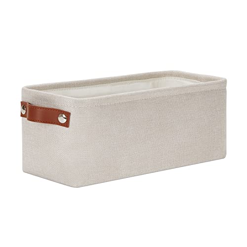 Image of DULLEMELO Small Storage Basket, Toilet Paper Basket Narrow Storage Bin for Bathroom, Bathroom Basket for Organizing with Leather Handles, Canvas Storage Basket for Toilet Magazine Holder(Beige)