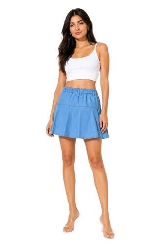Akso Women's Denim Mini Skirt, Blue, Elastic Waist, Flared Casual Style-image-3