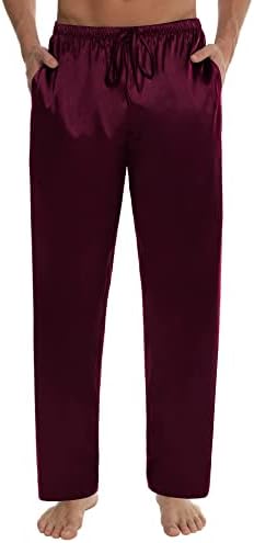 SWOMOG Mens Silk Satin Pajama Pants Soft Sleeping Bottoms with Pockets Mens Silky Pj Pants Satin Sleep Lounge Bottoms Elastic Waistband with Drawstring (Deep Wine Red, Large)