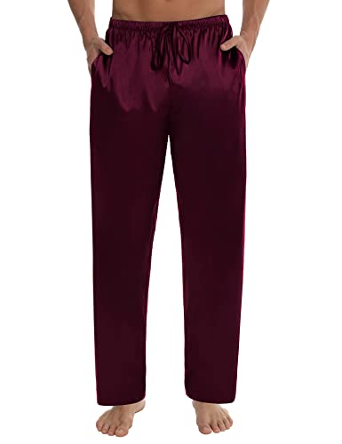 Swomog Mens Silk Satin Pajama Pants Soft Sleeping Bottoms With Pockets Mens Silky Pj Pants Satin Sleep Lounge Bottoms Elastic Waistband With Drawstring (Deep Wine Red, Large) #TOP2