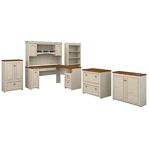 Bush Furniture Fairview L Shaped Desk with Hutch, Bookcase, Storage and File Cabinets, 60W, Antique White
