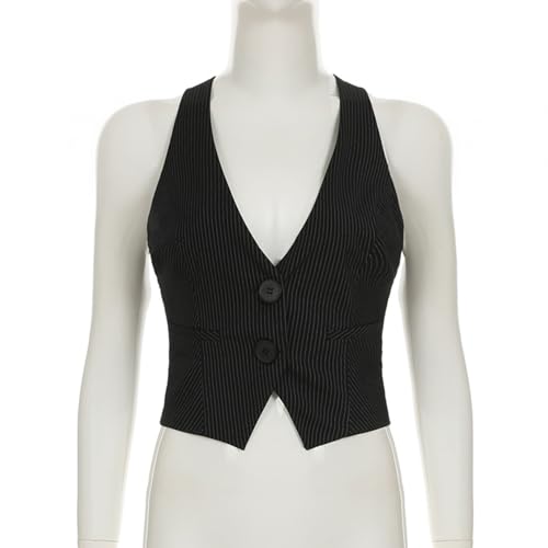 Hularka Womens Sexy Y2k Dressy Vest Slim Fit Sleeveless Halter Vneck Casual Vintage Tuxedo Suit Waistcoat Top3