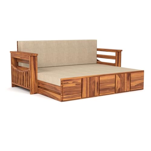 Image of Mamta Furniture Sheesham Wood Sofa Cum Bed with Storage Modern Wooden Sofa Set for Living Room Bedroom Furniture 3 Seater Convertible Sofa Cum Bed in Honey Finish