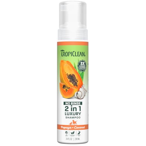 TropiClean No Rinse Waterless Dog Shampoo | Detangling & Deodorizing Dry Shampoo for Smelly Pets | Moisturizes Dry Skin | USA Made | Papaya Scent | 7.4oz