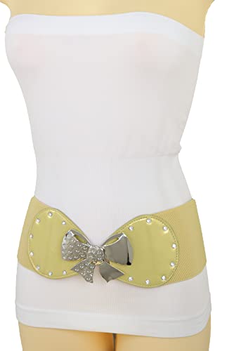 Women Gold Elastic Fashion Belt - Wide Band Hip Waist Silver Metal Bow Tie Ribbon Buckle S M2