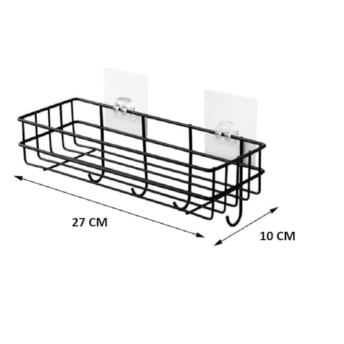 Wall Mounted Storage Shelf, Stainless Iron Coating, 4 Hooks, Self-Adhesive Installation, Black, (Pack of 2) - Image 3