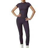 GUOCU Conjunto de 2 Piezas de Entrenamiento para Mujer Mallas de Yoga Sin Costuras y Camisetas de Manga Corta Elástico Ropa de Gimnasio Conjuntos de Ropa Deportiva para Tenis Yoga Trotar Casual C L