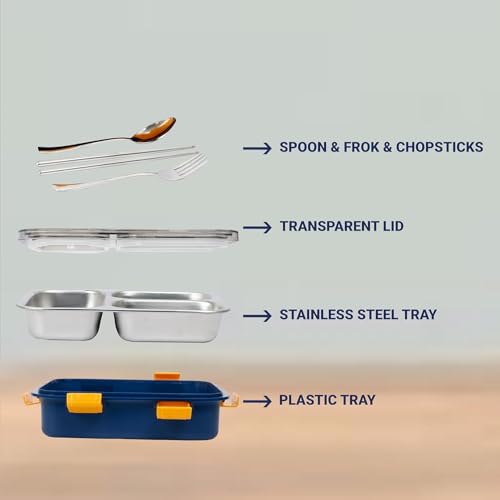Image of Brand Conquer Lunch Box Leak-Proof BPA Free Stainless Steel for School, Lunch Box for School & Office with a Fork, a Spoon and a Pair of Chopsticks (Blue, 3 Compartment)