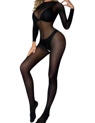 Femme Sexy Maille Bodytocking Manches Longues Body Lingerie Transparent Combinaison Bodysuit Ouvert...