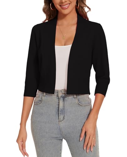 Image of Women 3 /4 Sleeve Cropped Cardigan Lightweight Casual Open Front Bolero Shrug Sweaters