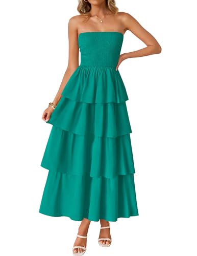 ZESICA Womens Summer Boho Strapless Maxi Dress 2025 Casual Sleeveless Off Shoulder Smocked Tiered Beach Long Sundress