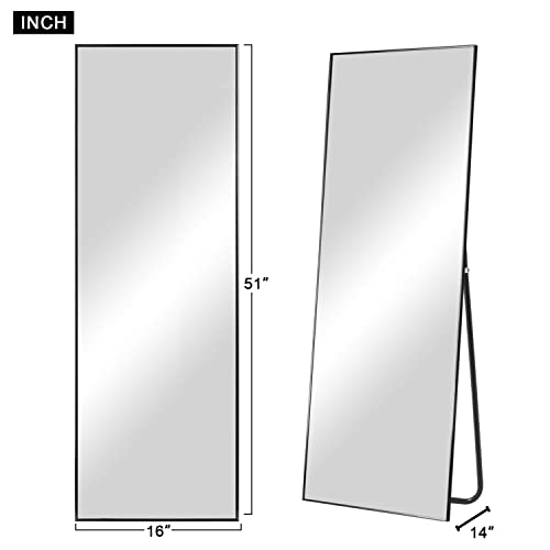 Image of NeuType 51 inchx16 inch Full Length Mirror with Standing Holder Aluminum Alloy Frame Floor Mirror Wall-Mounted Mirror for Living Room, Bedroom, Hanging or Leaning Against Wall, Black (with Stand)
