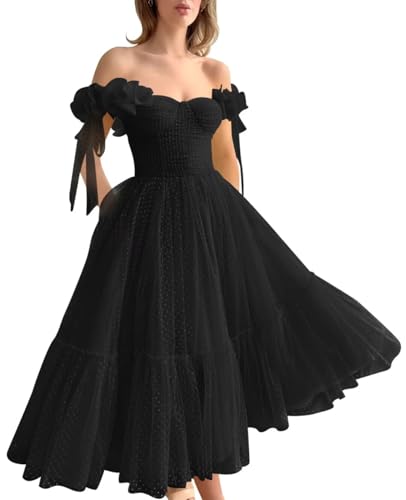 Thinyfull Off Shoulder Dotted Tulle Midi Prom Dress Fairytale Sweetheart Neck Aline Formal Dresses for Evening Party Side Pockets Black US12
