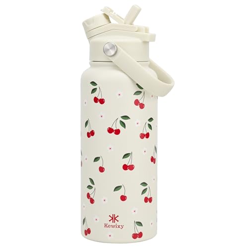 KEWIXY 32 oz Cherry Water Bottle, 2-in-1 Lid, Straw & Spout with Protected, Leak Proof, Keep Cold, Stainless Steel, Metal, Reusable, Handle, for Travel, Gym and School, Cream Cherry